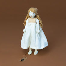 Load image into Gallery viewer, ferne-wooden-doll-with-white-dress-and-flax-colored-hair