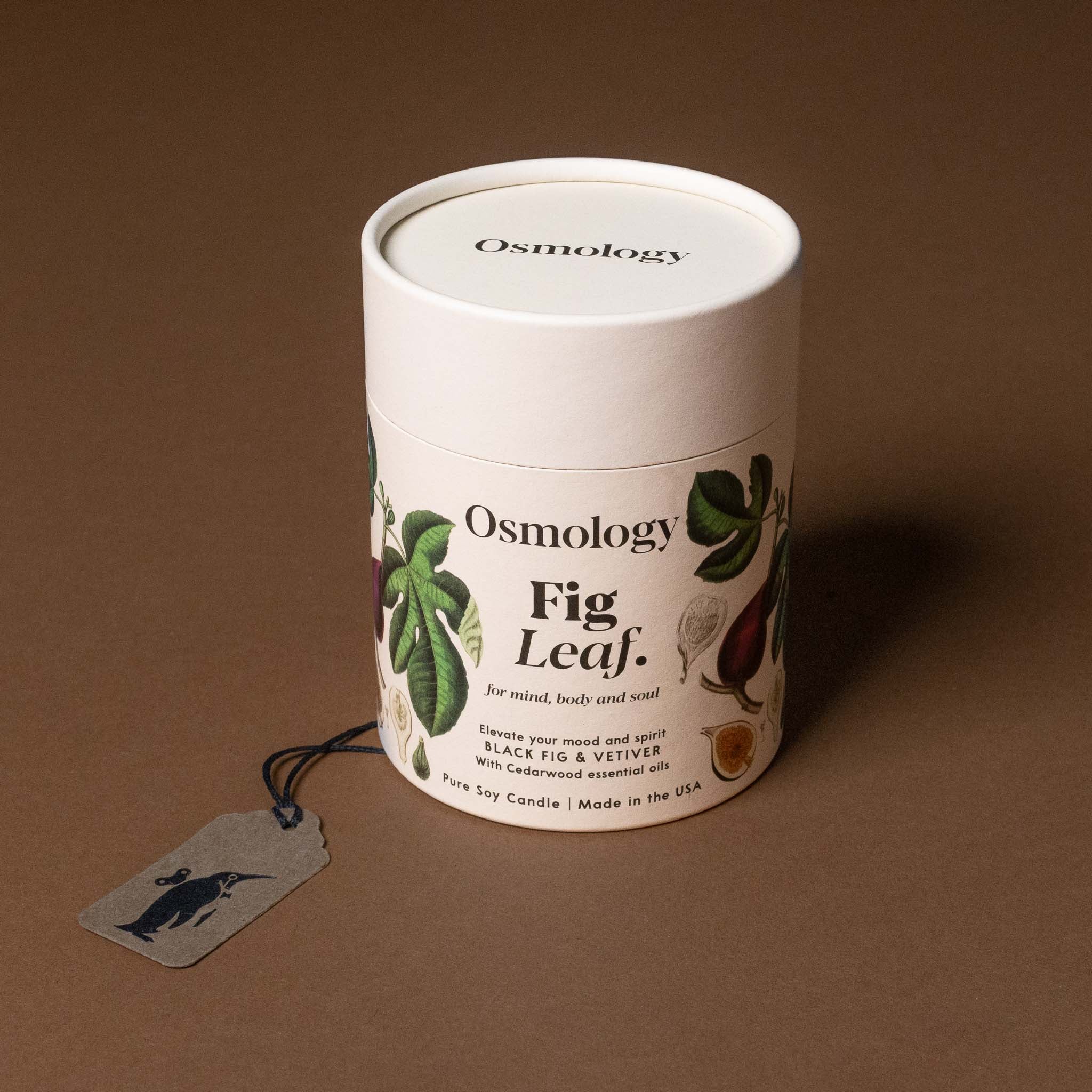 Fig Leaf candle in a white cylindrical container on a brown background