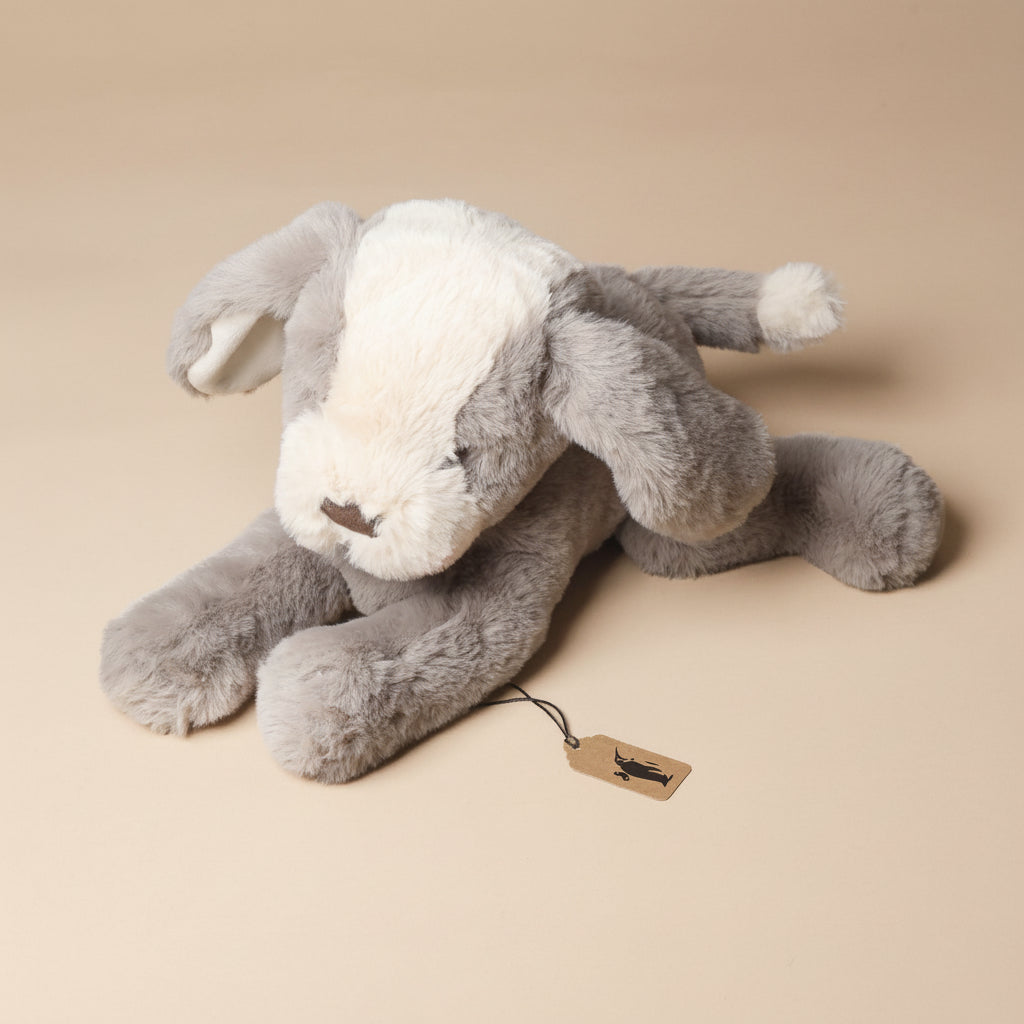 Gray plush floppy-mutt-steele toy on a beige background