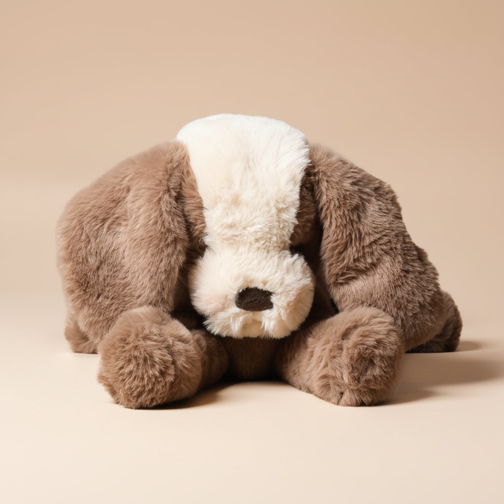Plush floppy-mutt-toffee toy with brown fur and white face on a beige background