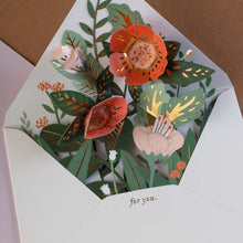Load image into Gallery viewer, detail-of-card-pop-up-red-and-blush-flowers-with-greens