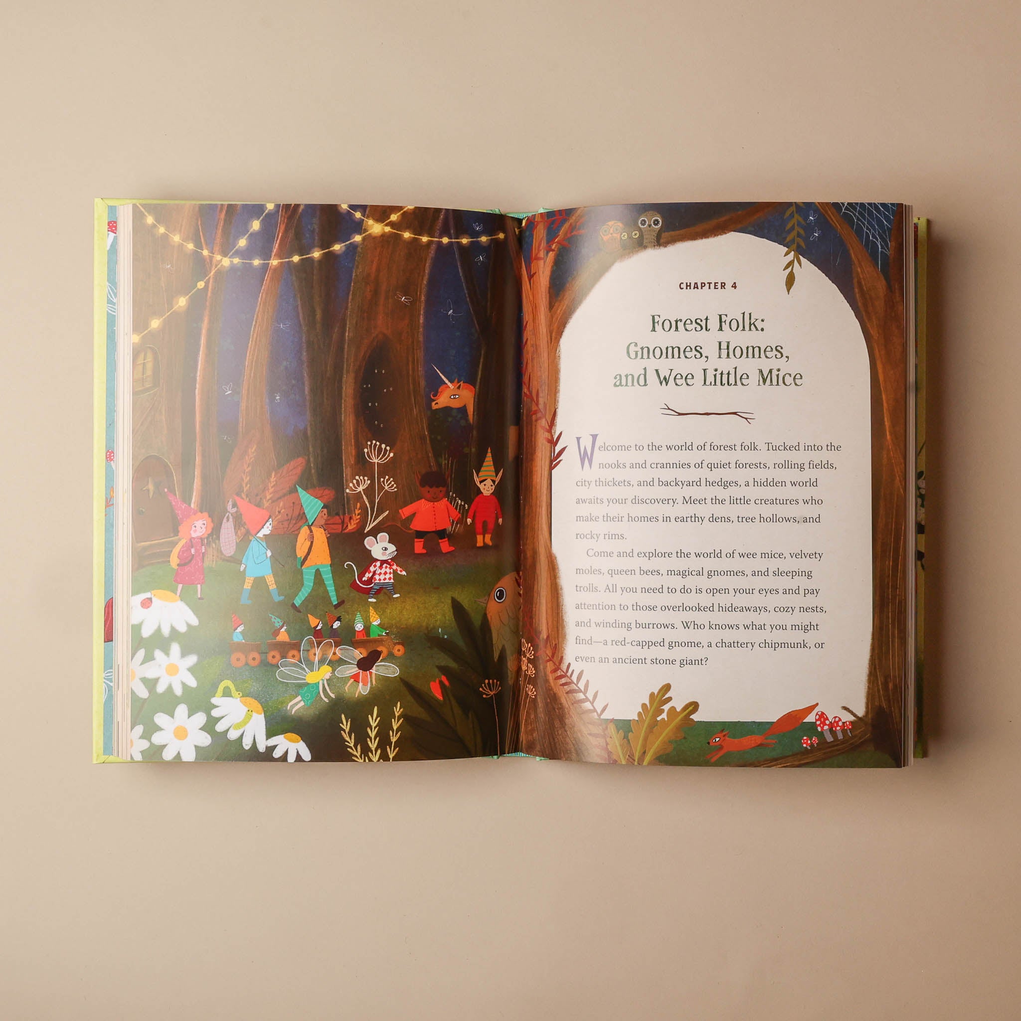 Open forest-magic-for-kids-activity-book with colorful illustrations of a forest scene and text on a beige background