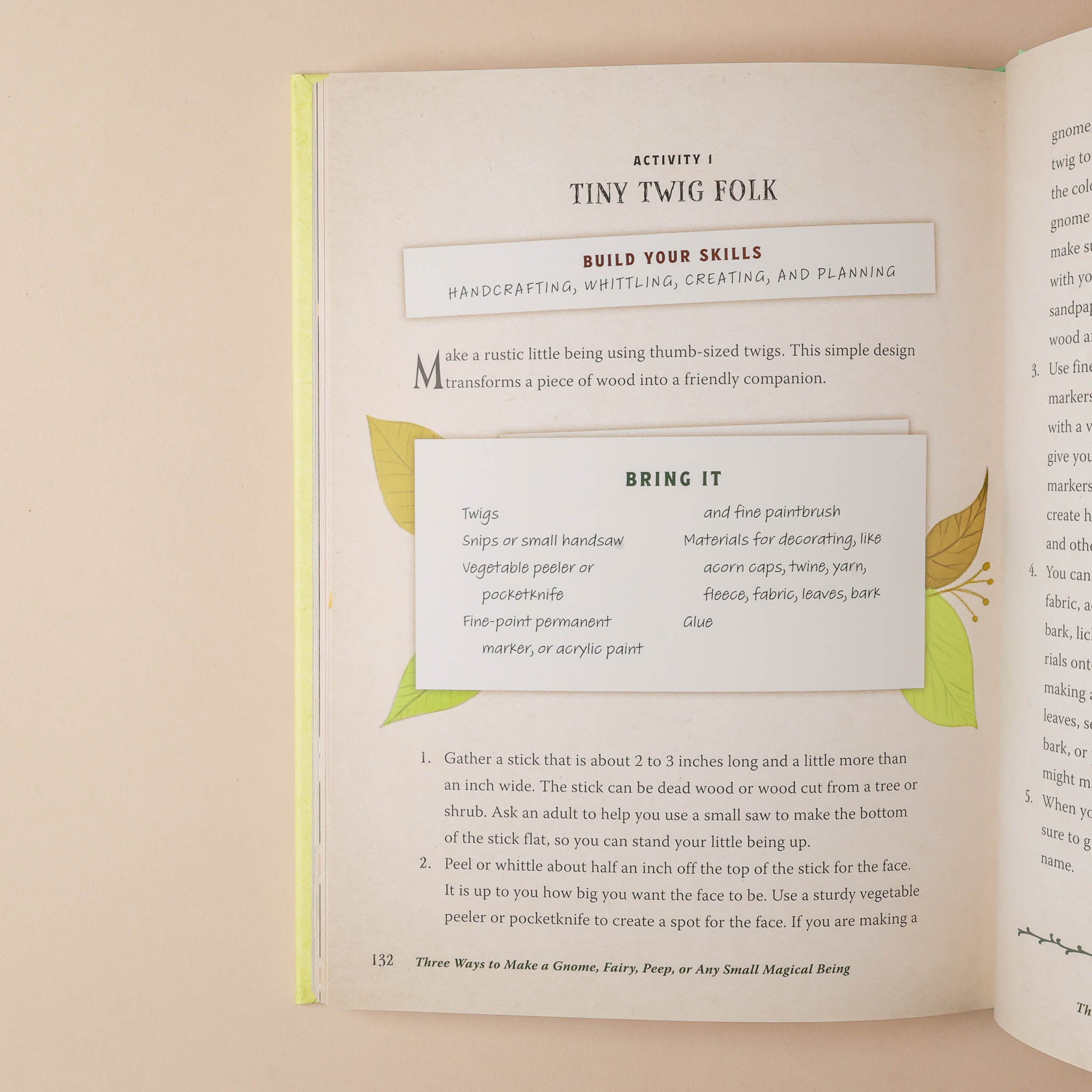 Open forest-magic-for-kids-activity-book with instructions on building a stick fairy, on a beige background