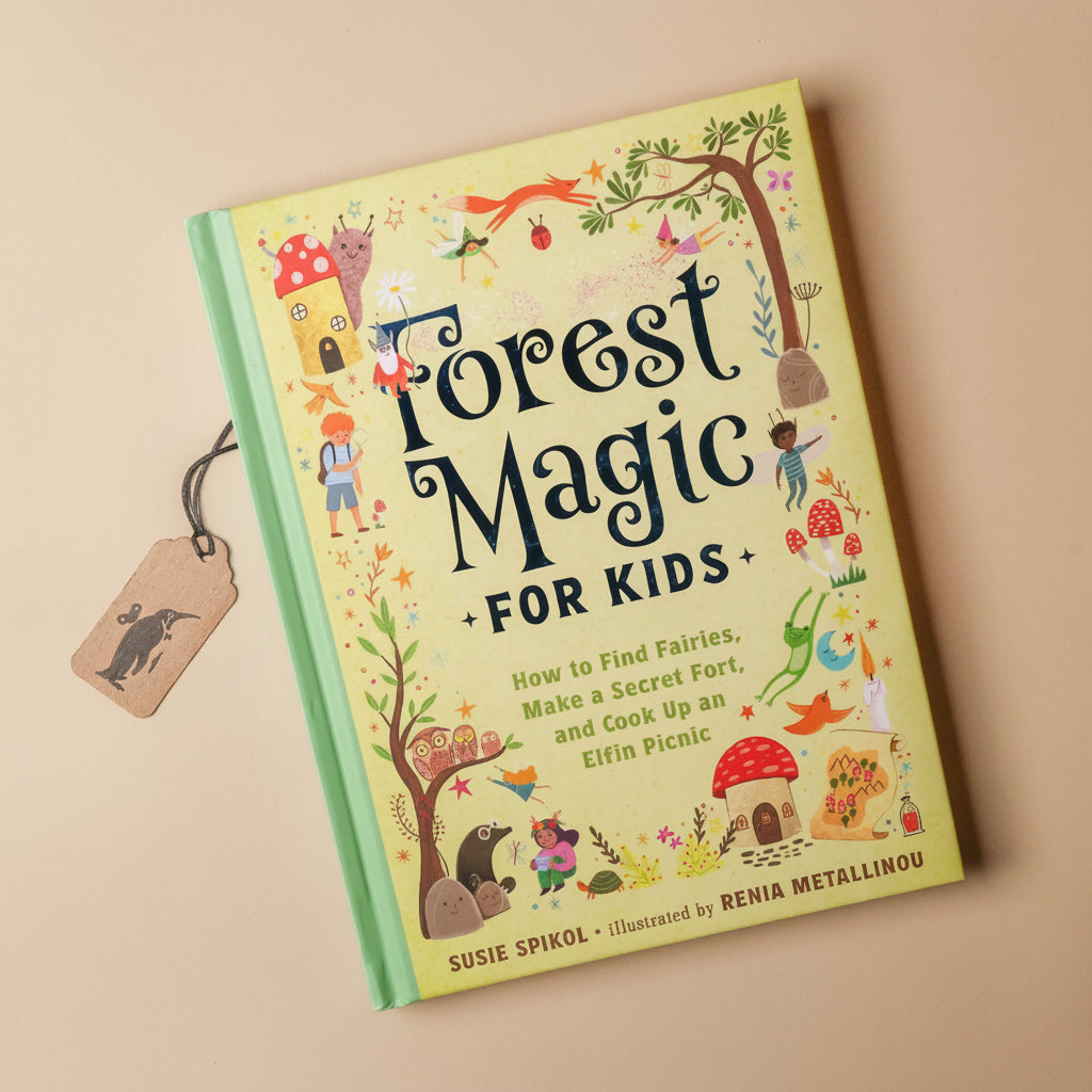 Book titled 'Forest Magic for Kids' with colorful illustrations on a beige background