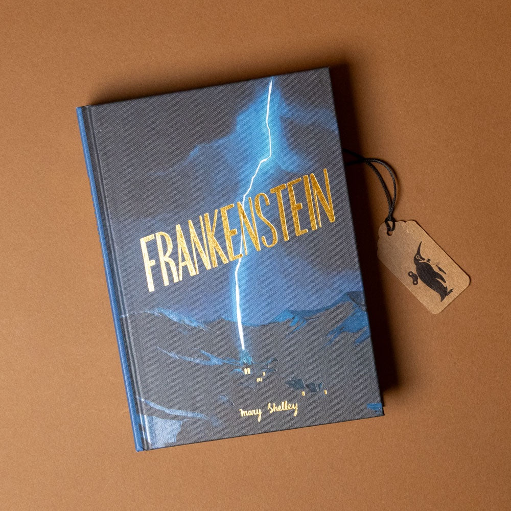 Book titled 'Frankenstein' with a lightning design on a brown background