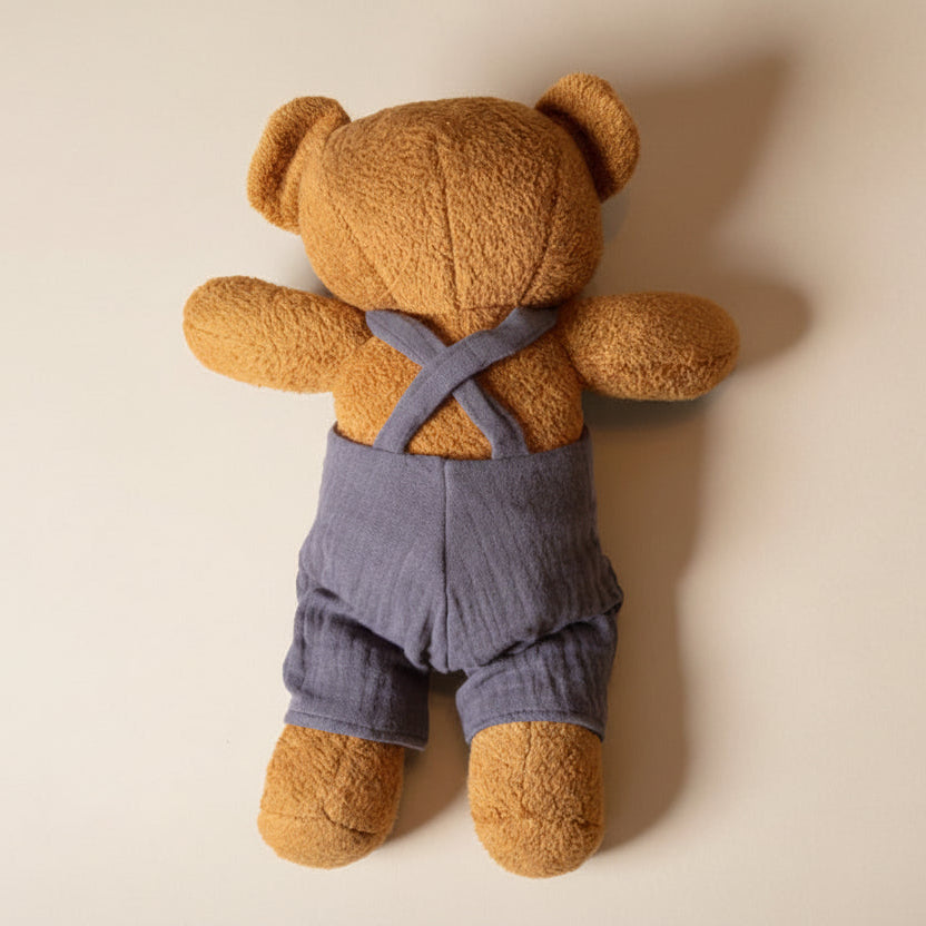 back gabin-the Brown teddy bear wearing blue overalls on a beige background
