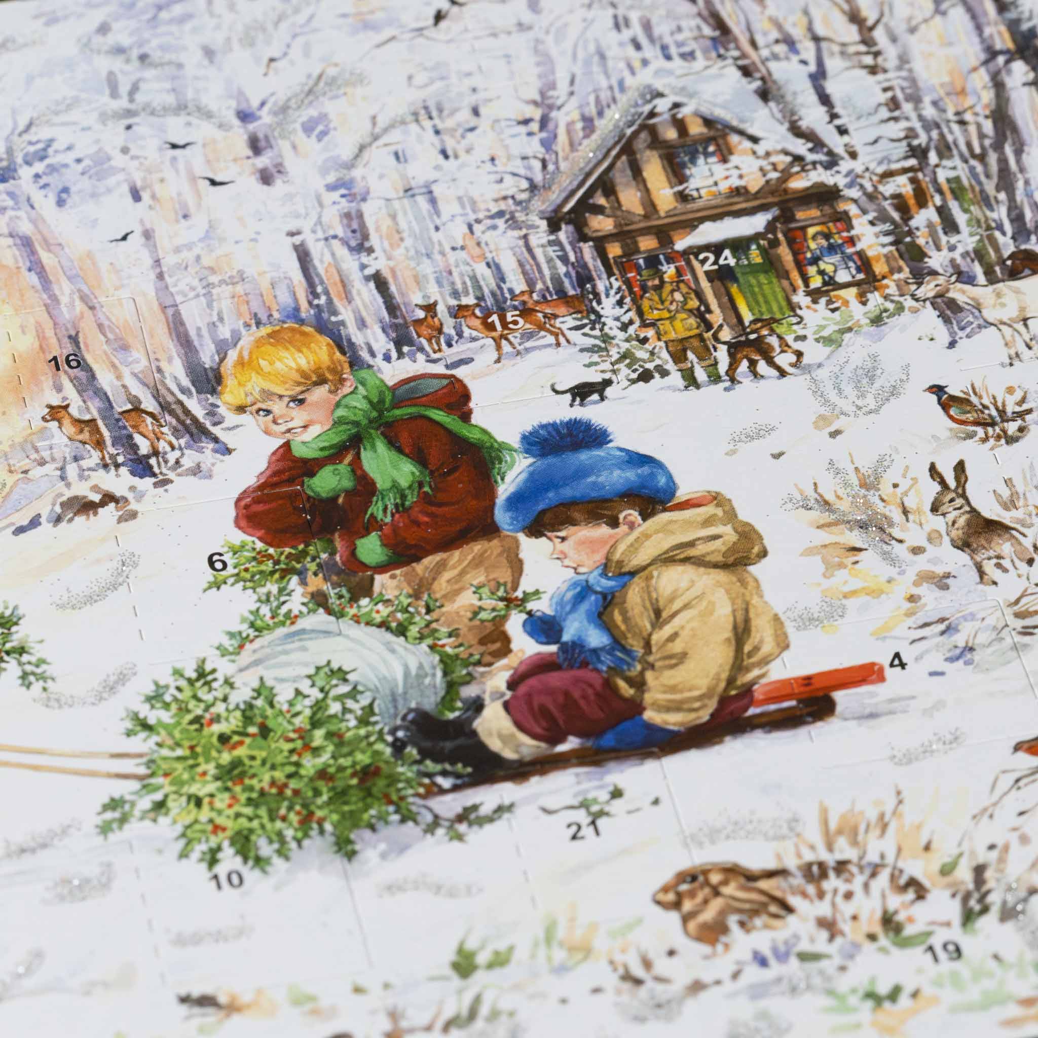 german-advent-calendar-with-children-pulling-a-sled-through-the-forest-with-their-finds-as-deer-watch-and-their-dog-is-accompanying-them