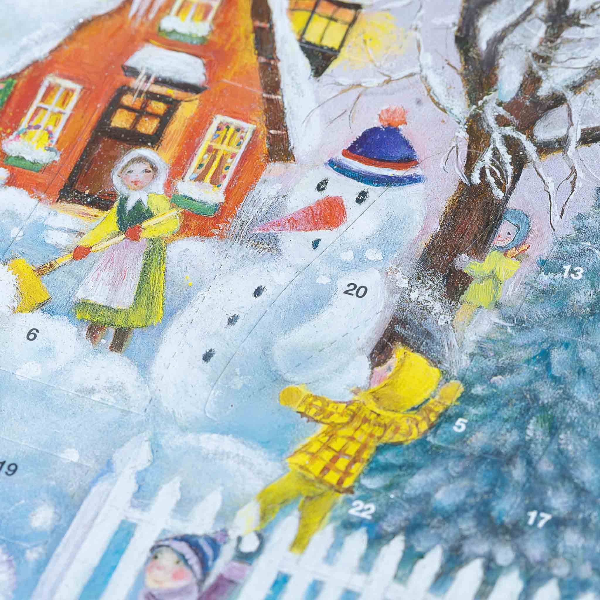 german-advent-calendar-snowball-fight-children-playing-snowman-house-and-mom-shoveling-detail