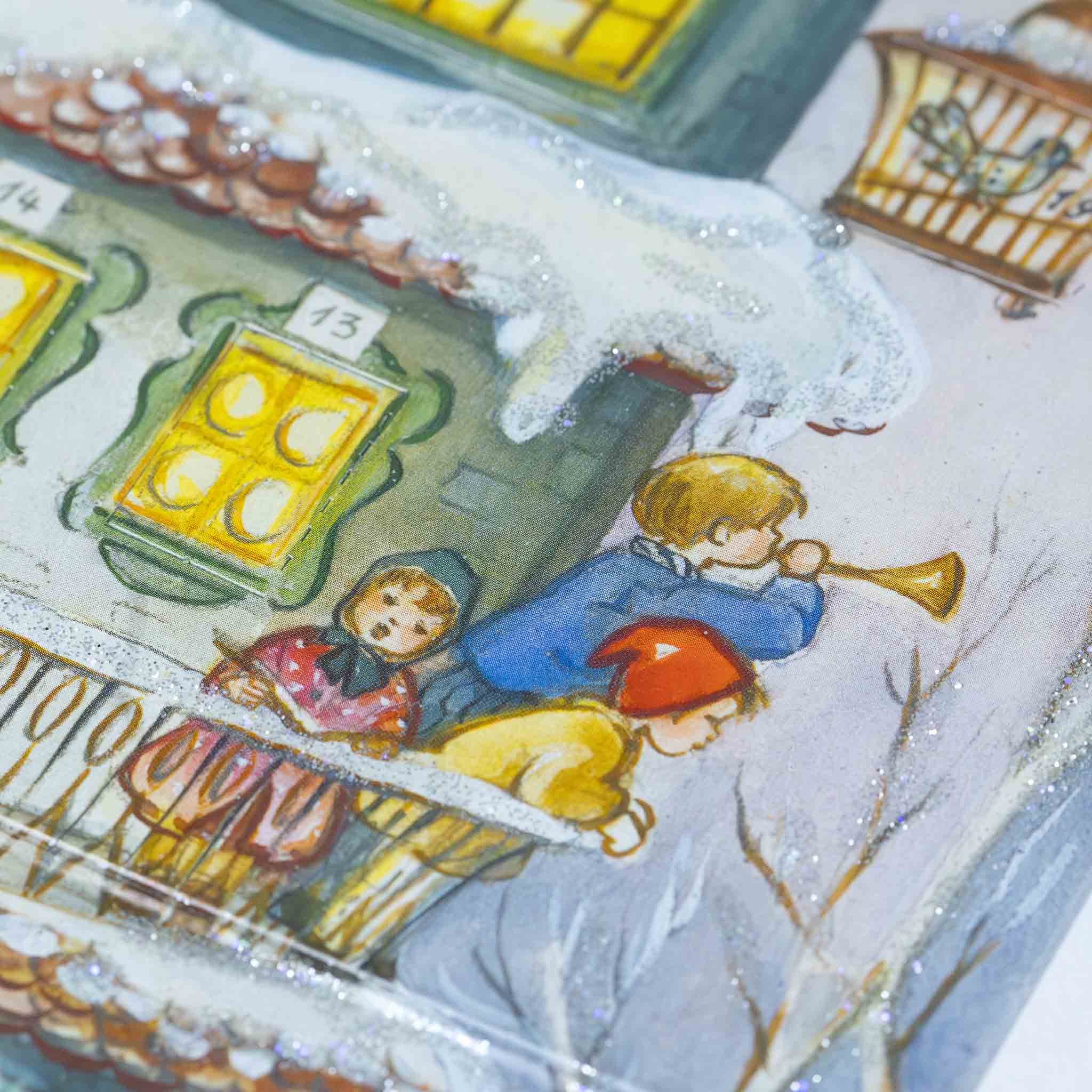 german-advent-calendar-to-the-moon-with-layers-to-a-home-with-holiday-scenes-and-windows-towering-up-to-the-moon-young-boy-blowing-bugle-with-children-on-a-balcony