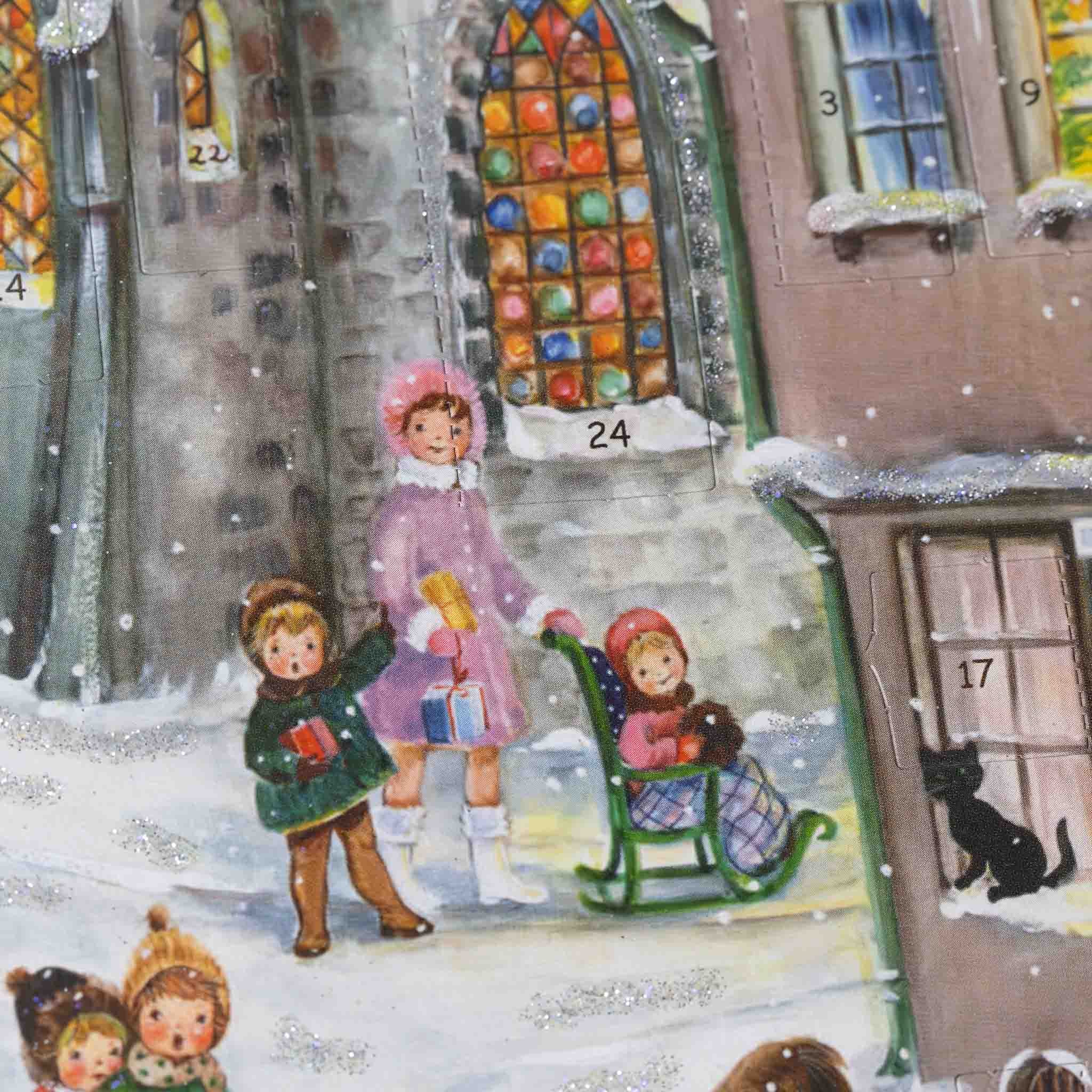 in-front-of-colorful-window-a-mother-pushes-a-child-in-a-sleigh-while-holding-a-hand-of-another.