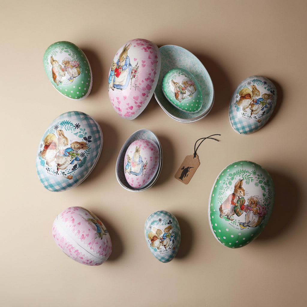 german-easter-egg-peter-rabbit-and-friends-Decorative Easter eggs with illustrations on a beige background