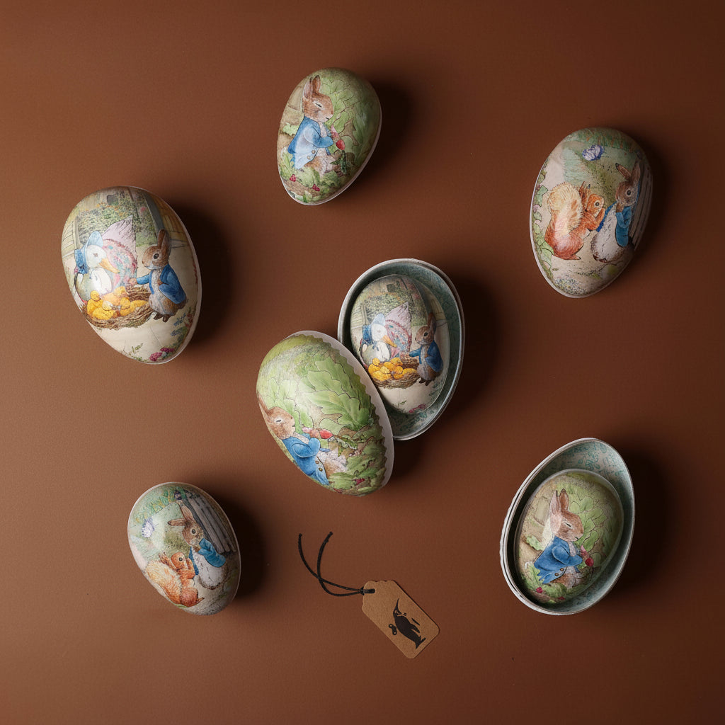 Decorative Easter eggs with illustrations on a brown background