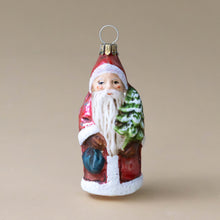 Load image into Gallery viewer, german-glass-ornament-santa-with-backpack-and-tree-front