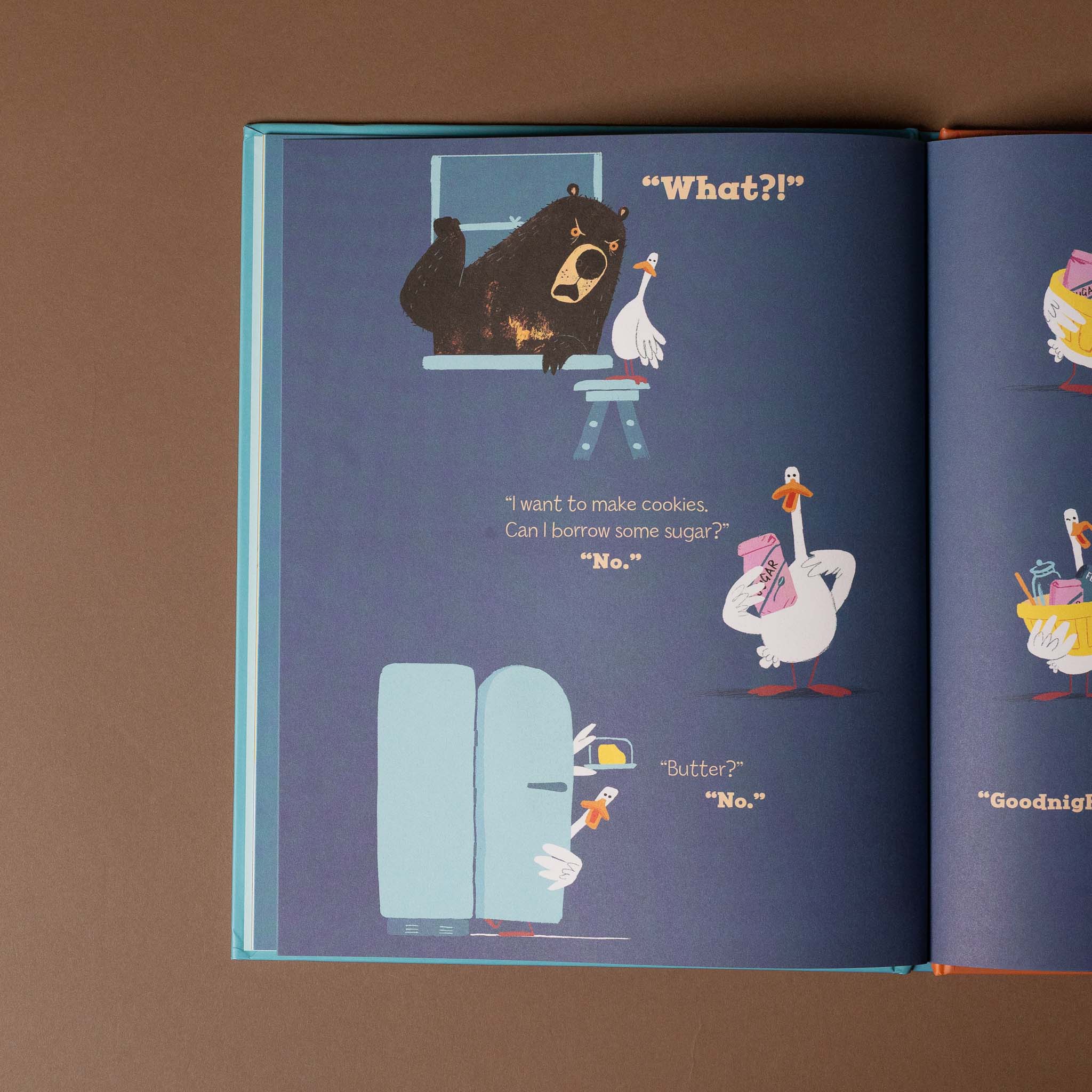 Illustrated book page with a bear and goose