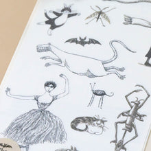 Load image into Gallery viewer, goreys-creatures-and-figures-temporary-tattoo-sheet-detail-of-black-line-tattoos-of-animals-bat-insects-ballerina