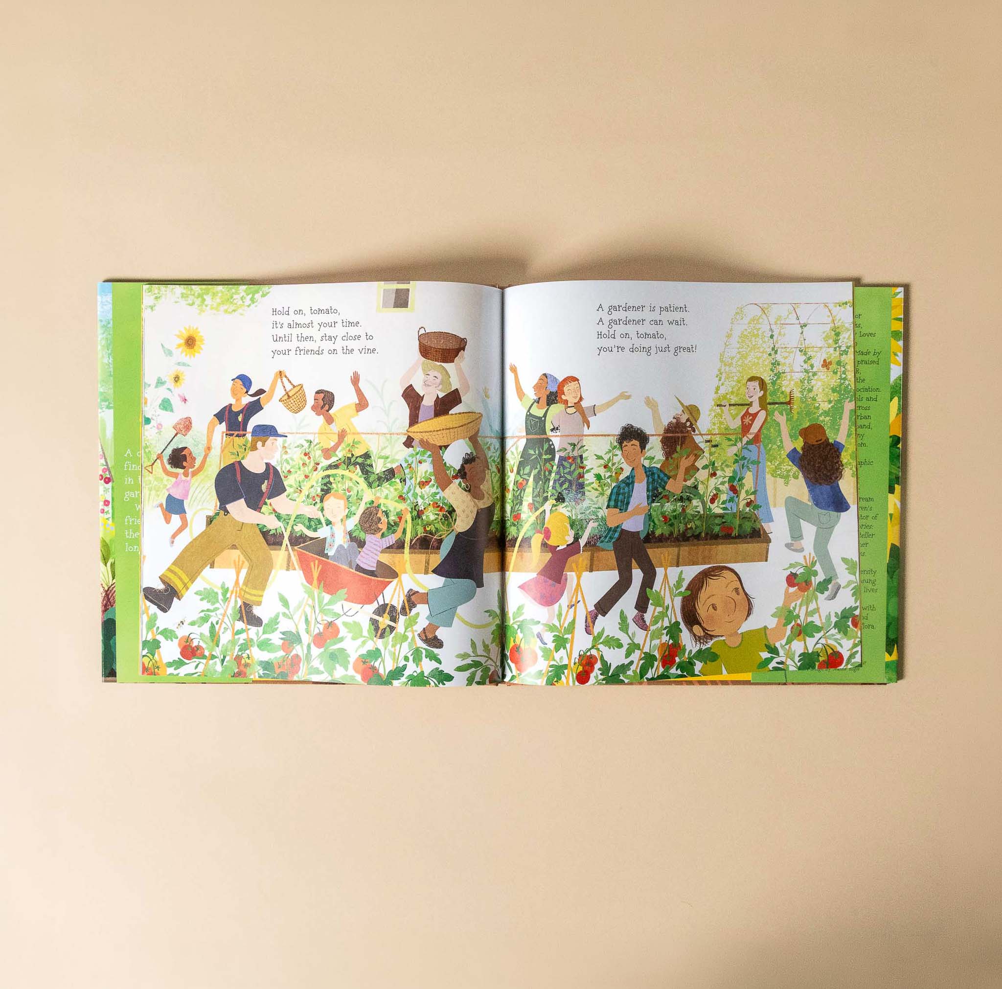 Open book with colorful illustrations of people in a garden on a beige background