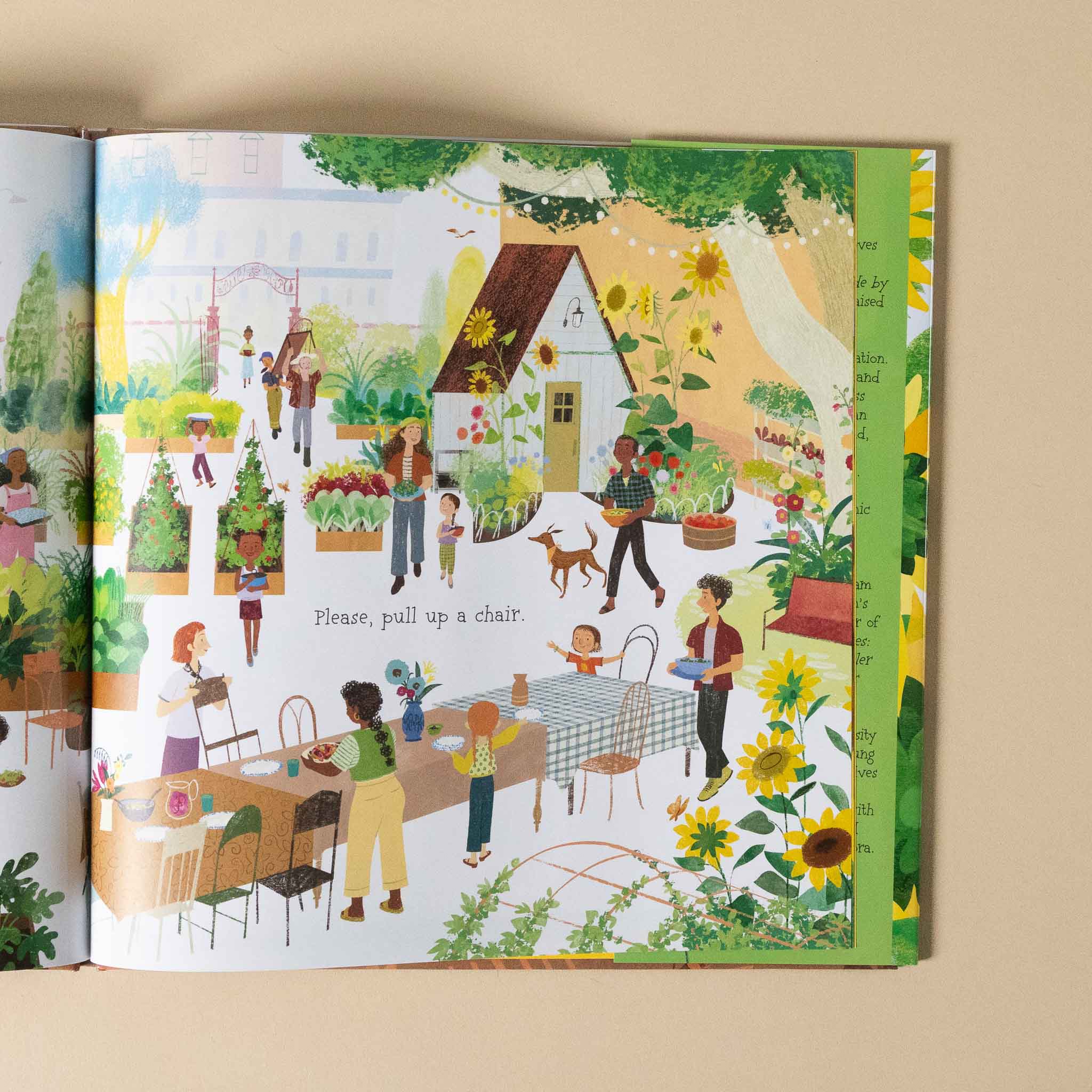 Illustrated book page with a community scene featuring people and nature.
