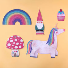 Load image into Gallery viewer, happy-birthday-unicorn-progressive-puzzle-box-featuring-a-unicorn-with-a-rainbow-mane-gnome-cupcake-and-fairy-pieces
