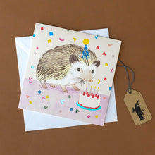 Load image into Gallery viewer, hedgehog-pop-up-greeting-card-blue-foil-detail-with-confetti-birthday-cake-and-hedgehog-wearing-a-party-hat