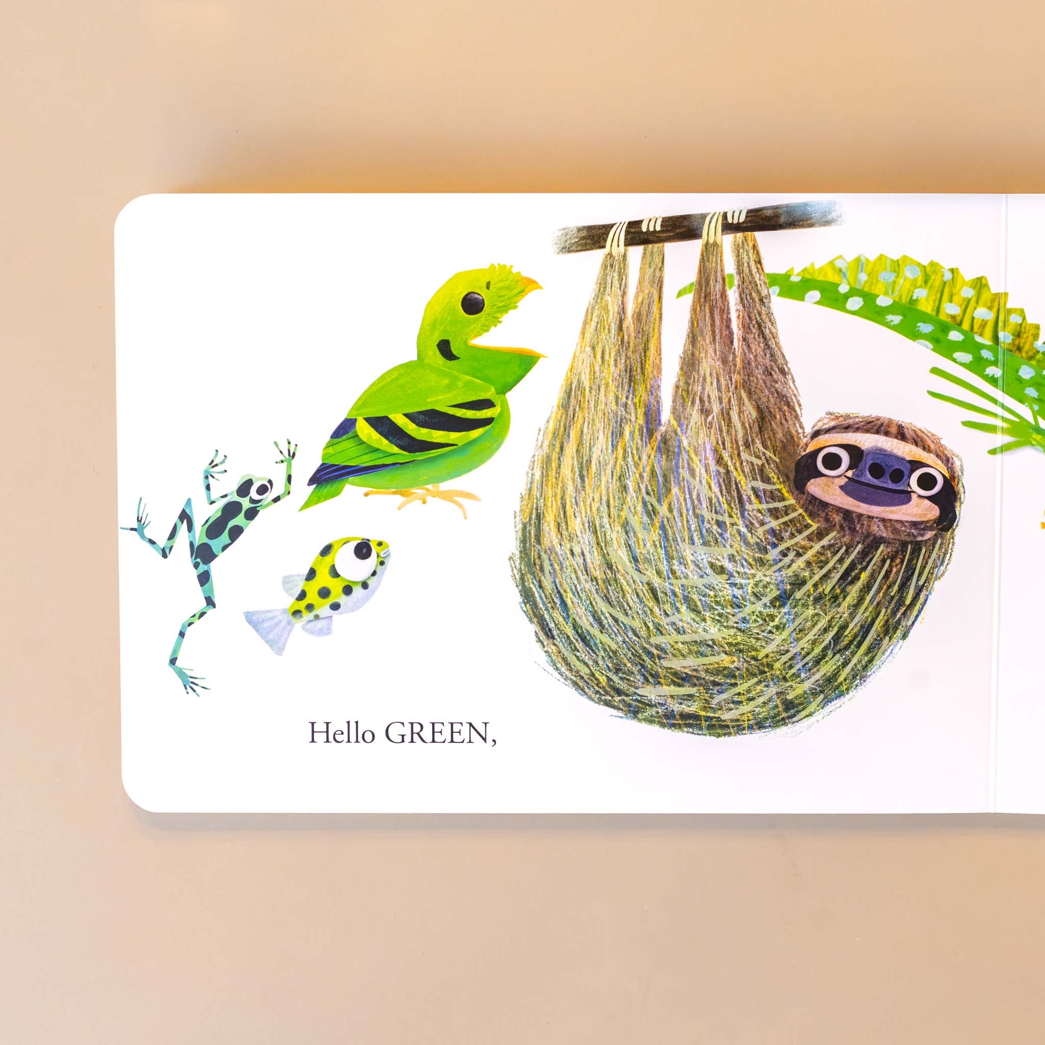 hello-green-text-with-green-frog-fish-sloth-plant-and-bird