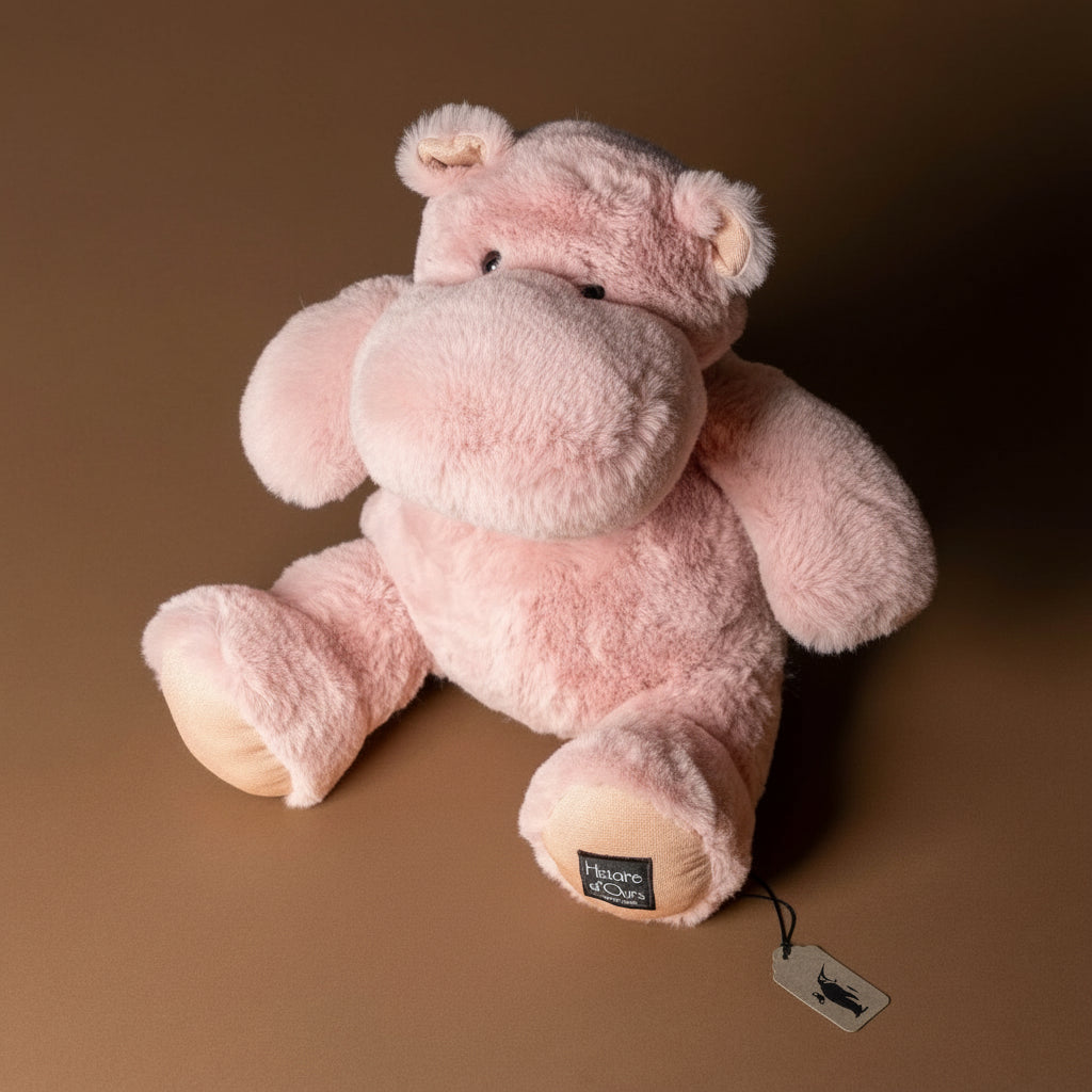 hip-hippo-blush-medium Pink plush hippo toy with a tag on a brown background