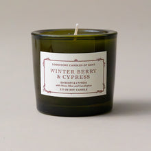 Load image into Gallery viewer, winter-berry-single-candle-from-holiday-candle-gifttrio-in-green-glass-jar-with-white-candle