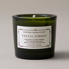 Load image into Gallery viewer, festal-forest-single-candle-from-holiday-candle-gifttrio-in-green-glass-jar-with-white-candle