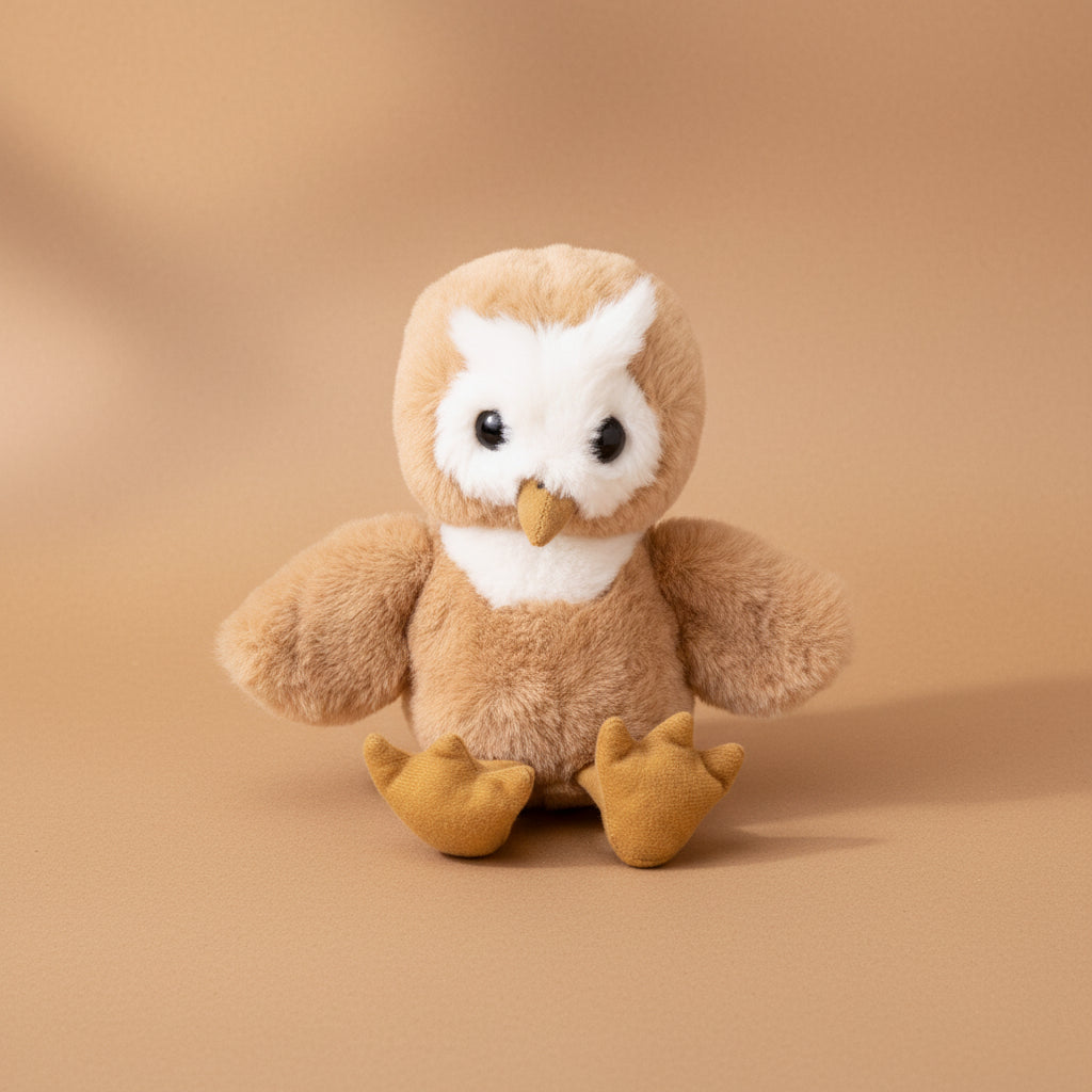 A plush owl toy in light brown and white with small black eyes and a tan beak, sitting on a brown background with a small paper tag attached.