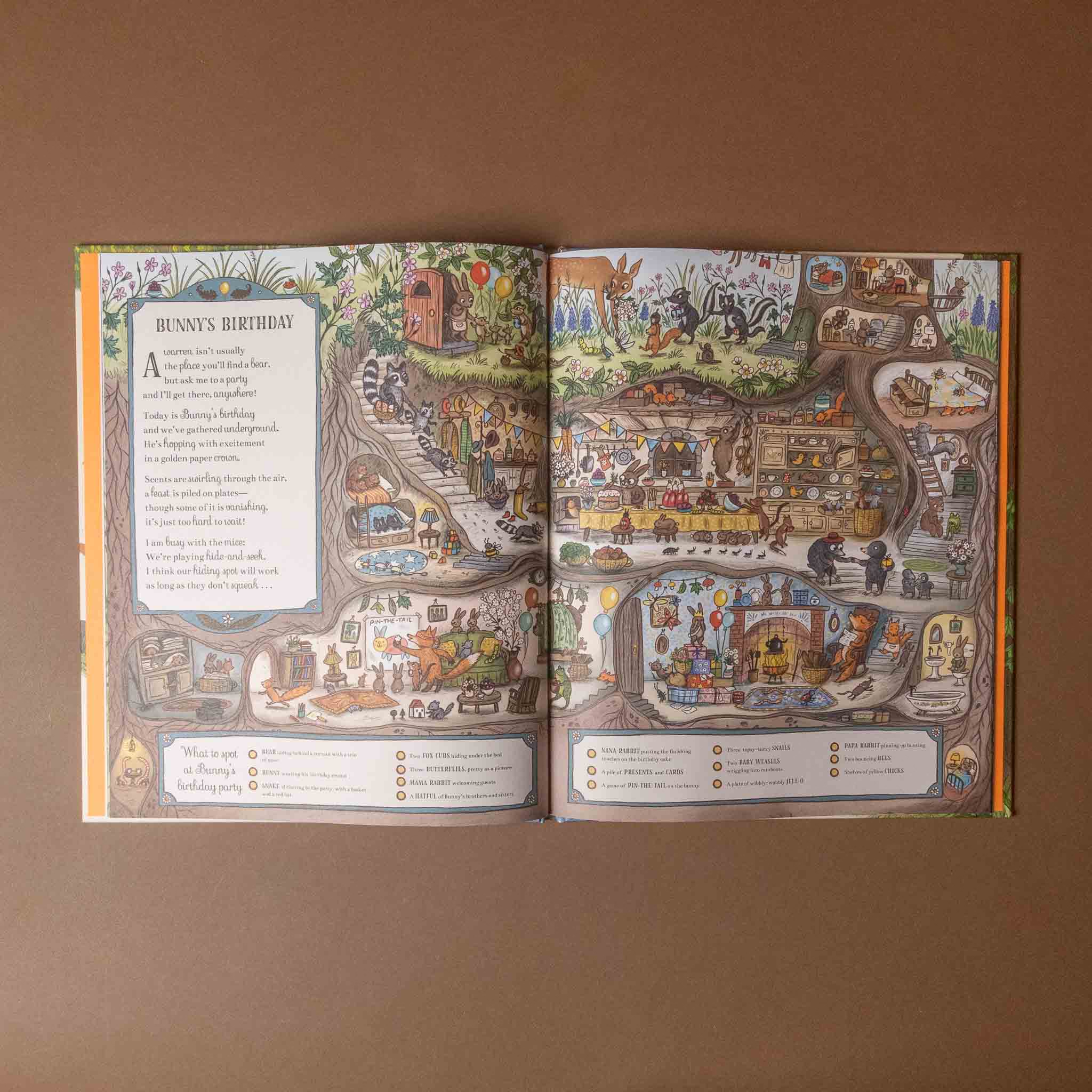 Open if-you-go-down-to-the-woods-today-seek-and-find-book with detailed illustrations and text on a brown background