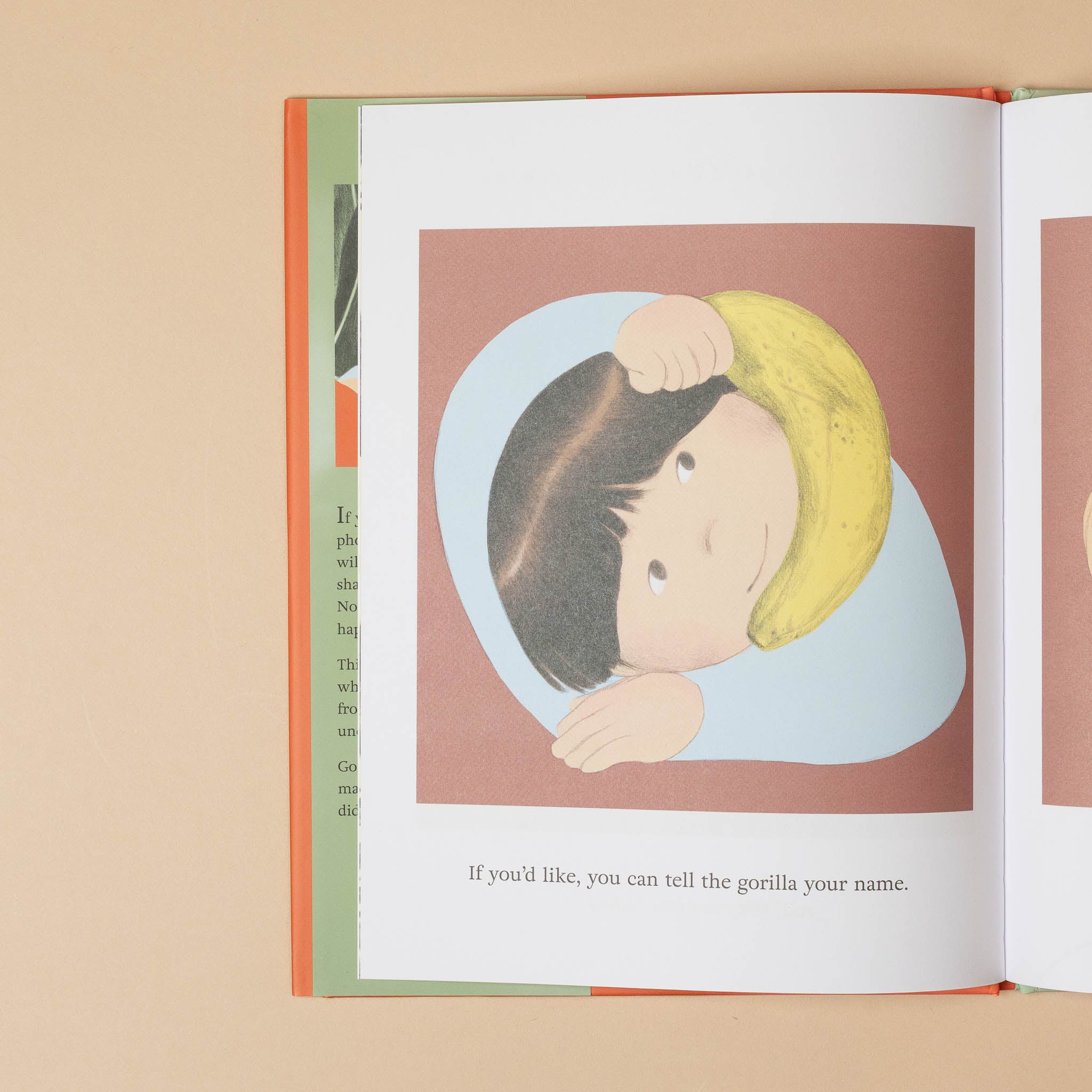 if-you-make-aacall-on-a-banana-phonellustrated book page with a child peeking around a corner, text underneath.