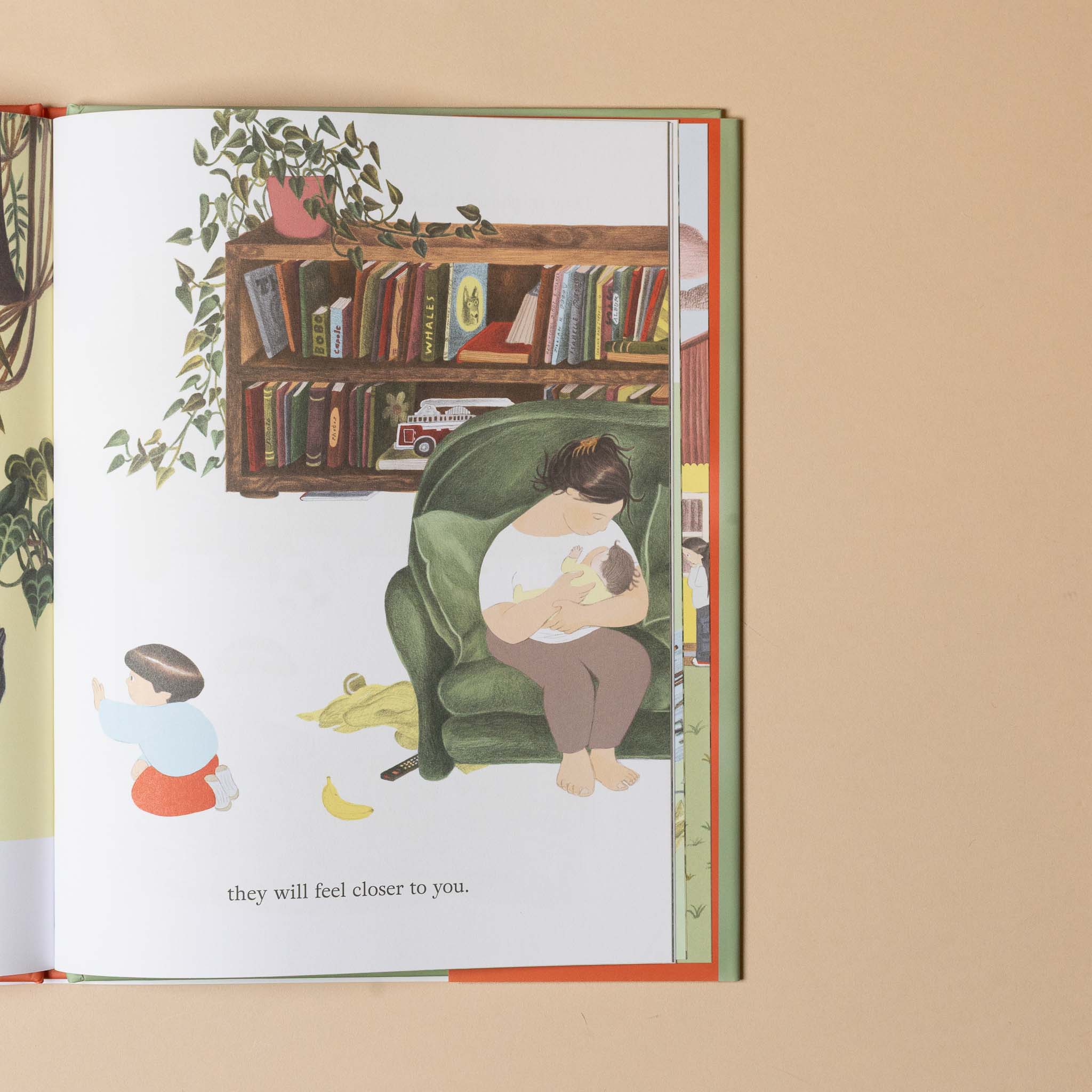 if-you-make-aacall-on-a-banana-phoneIllustrated book page showing a woman sitting on a green armchair with a child, surrounded by books and plants.