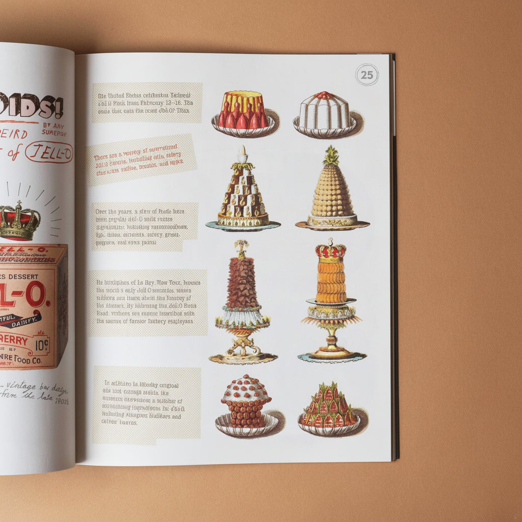Open illustoria-magazine-issue-28-dessert showing illustrations of various cakes on a brown background