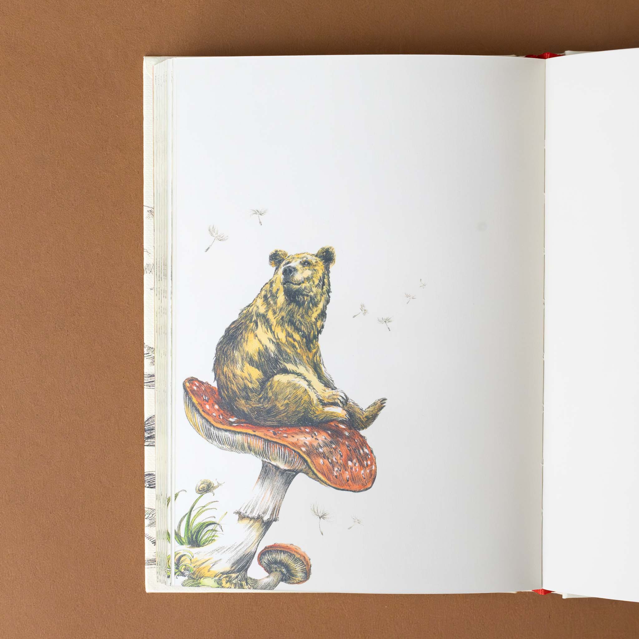 an-illustration-of-a-bear-resting-on-a-mushroom-in-corner-of-empty-journal-page