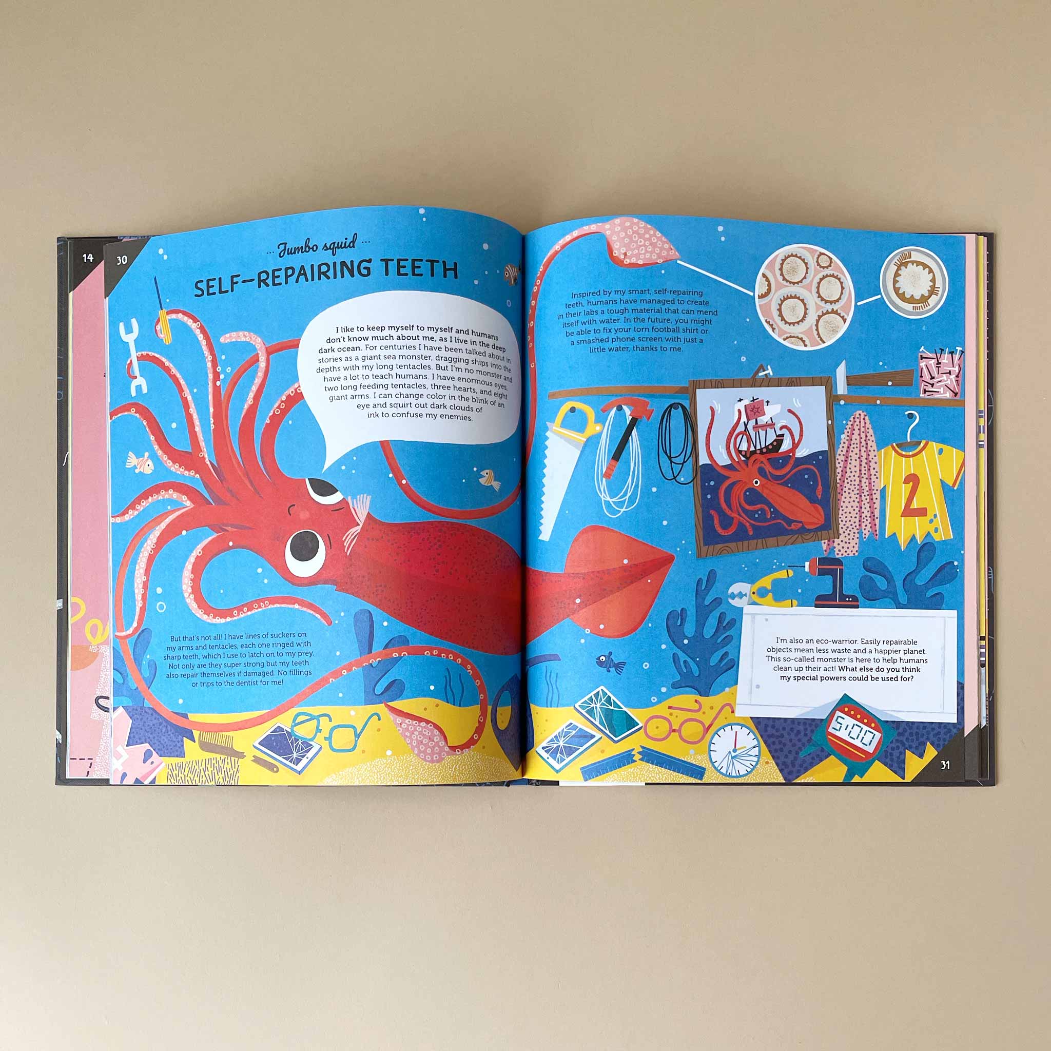 Open book with colorful illustrations of a red octopus and text on a beige background