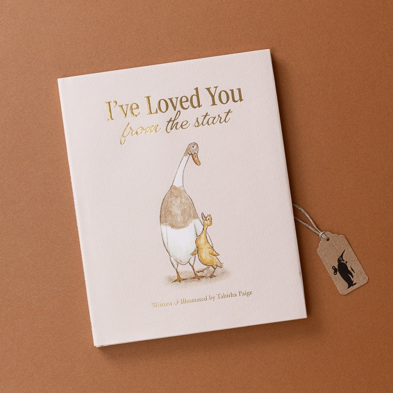 A hardcover book titled 'I've Loved You from the start' by Tabitha Paige, featuring a watercolor illustration of a goose and a kitten on the cover, displayed on a warm brown background with a small paper tag attached.