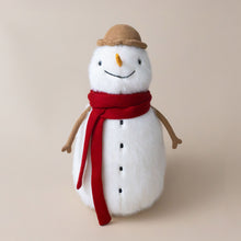 Load image into Gallery viewer, jesse-snowman-stuffed-toy-with-red-scarf-carrot-nose-black-buttons-and-brown-hat