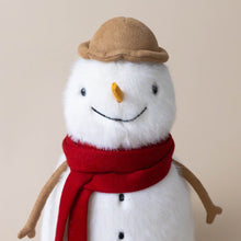 Load image into Gallery viewer, jesse-snowman-stuffed-toy-with-red-scarf-carrot-nose-black-buttons-and-brown-hat