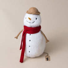 Load image into Gallery viewer, jesse-snowman-stuffed-toy-with-red-scarf-carrot-nose-black-buttons-and-brown-hat