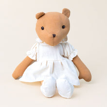 Load image into Gallery viewer, juliette-the-carmel-colored-bear-in-cream-colored-dress-and-shoes-sitting