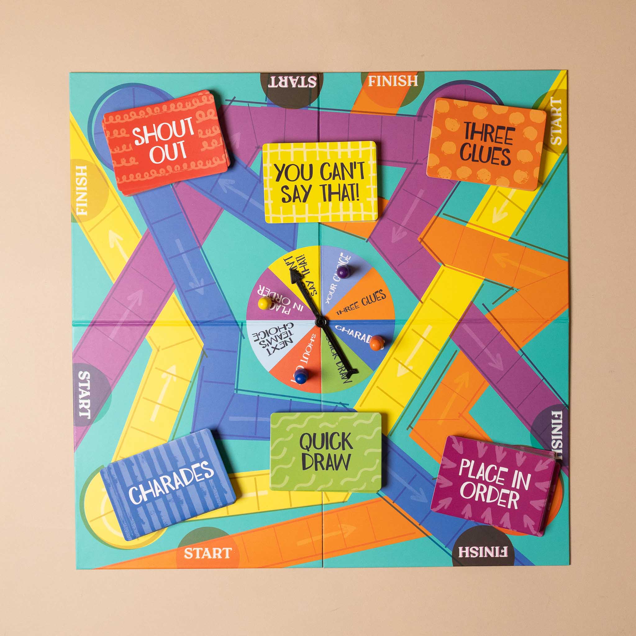 kids-vs-grown-ups-game-time Colorful board game with various cards and a spinner on a beige background