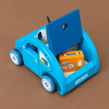 Load image into Gallery viewer, la-grande-famille-wooden-beetle-car-blue-with-dog-and-suitcase-in-the-trunk-that-opens