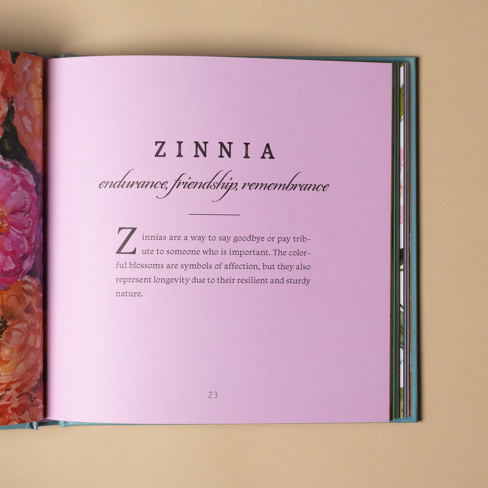 Open language-of-flowers-book with a page titled 'Zinnia' on a beige background