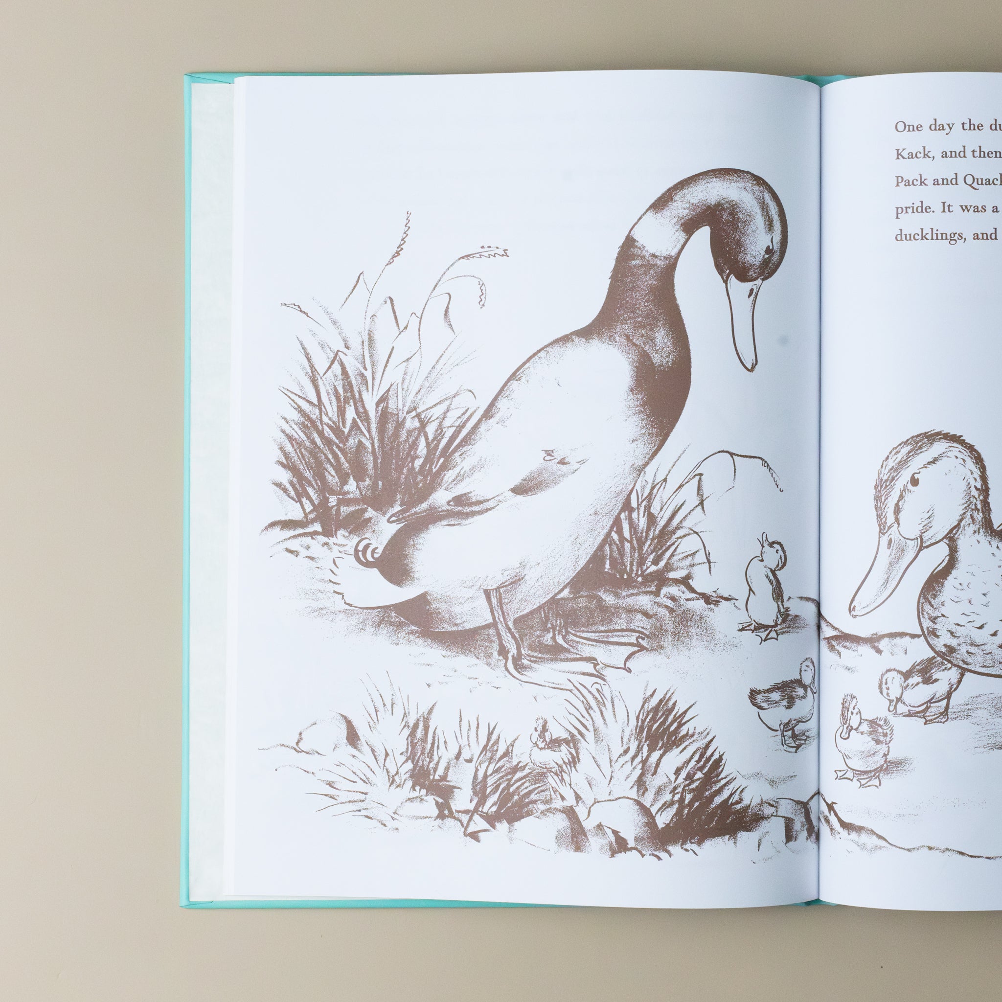 leather-bound-make-way-for-ducklings-book-interior-illustration-of-mother--and-father-duck-talking-to-a-chick