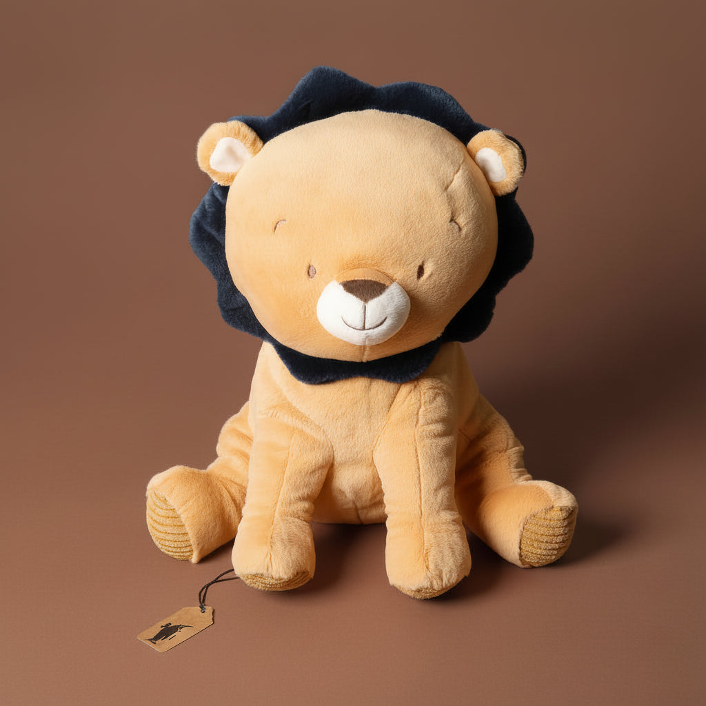 Plush lion toy with a dark blue mane on a brown background