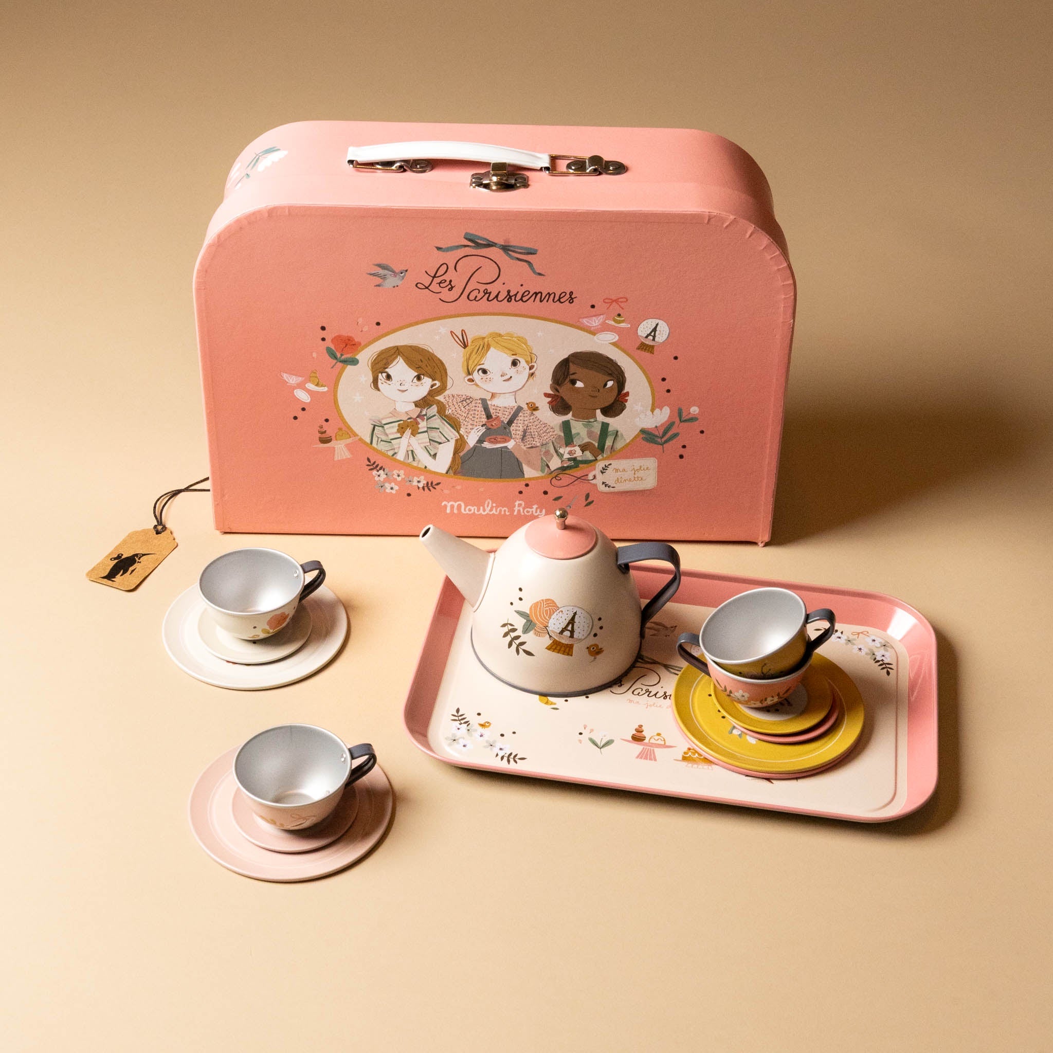 les-amis-parisienne-tea-set-with pink suitcase-4-cups-4-saucers-4-plates-one-tea-pot-one-tray