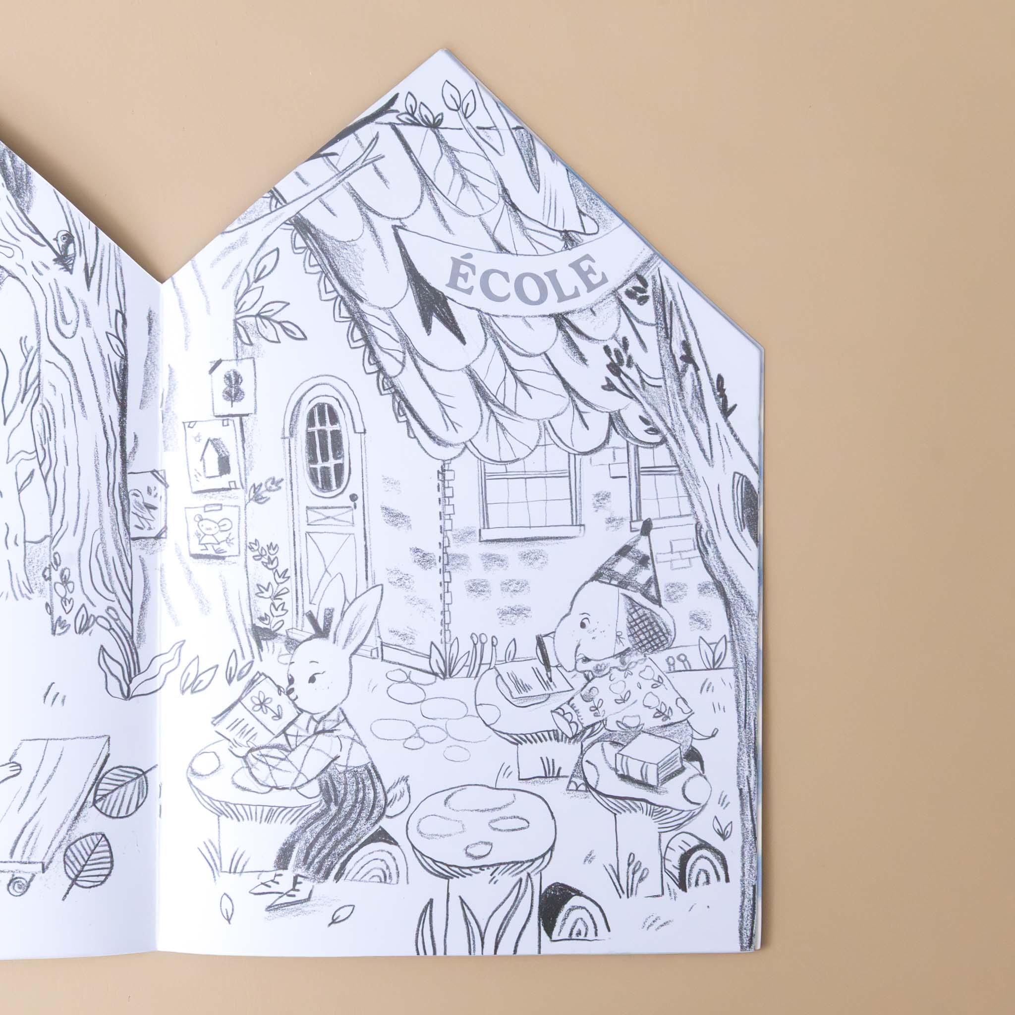 les-minouchkas-coloring-and-sticker-book-interior-pag-with-characters-outside-house