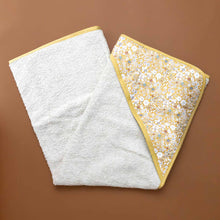 Load image into Gallery viewer, liberty-white-bath-towel-harper-with-yellow-white-and-soft-blue-floral-with-yellow-trim-hood