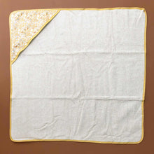 Load image into Gallery viewer, liberty-white-bath-towel-harper-with-yellow-white-and-soft-blue-floral-with-yellow-trim-hood