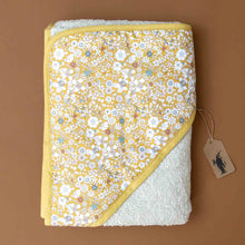 Load image into Gallery viewer, liberty-white-bath-towel-harper-with-yellow-white-and-soft-blue-floral-with-yellow-trim
