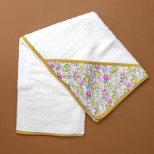 Load image into Gallery viewer, liberty-white-bath-towel-rosalie-ochre-pink-green-floral-hood-with-ochre-trim